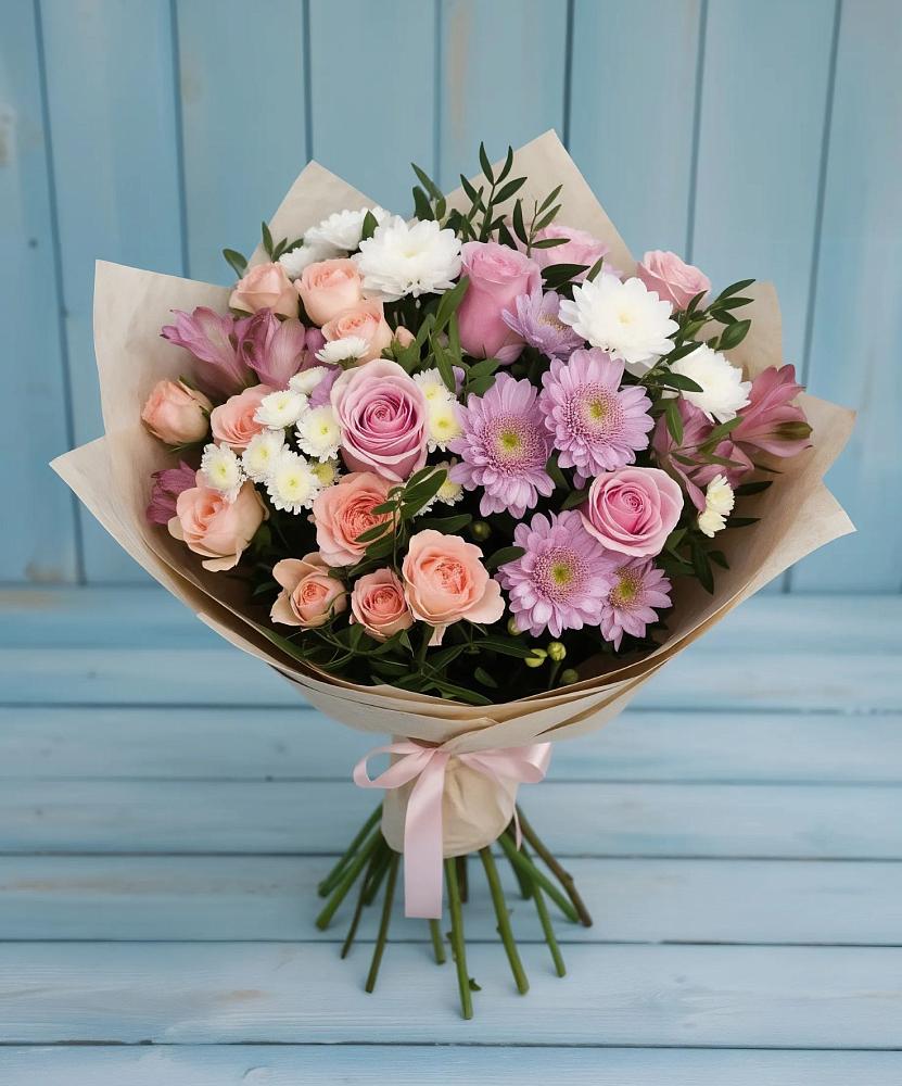 Букет цветов из: Хризантемы, Розы и Альстромерии в Мокроусово