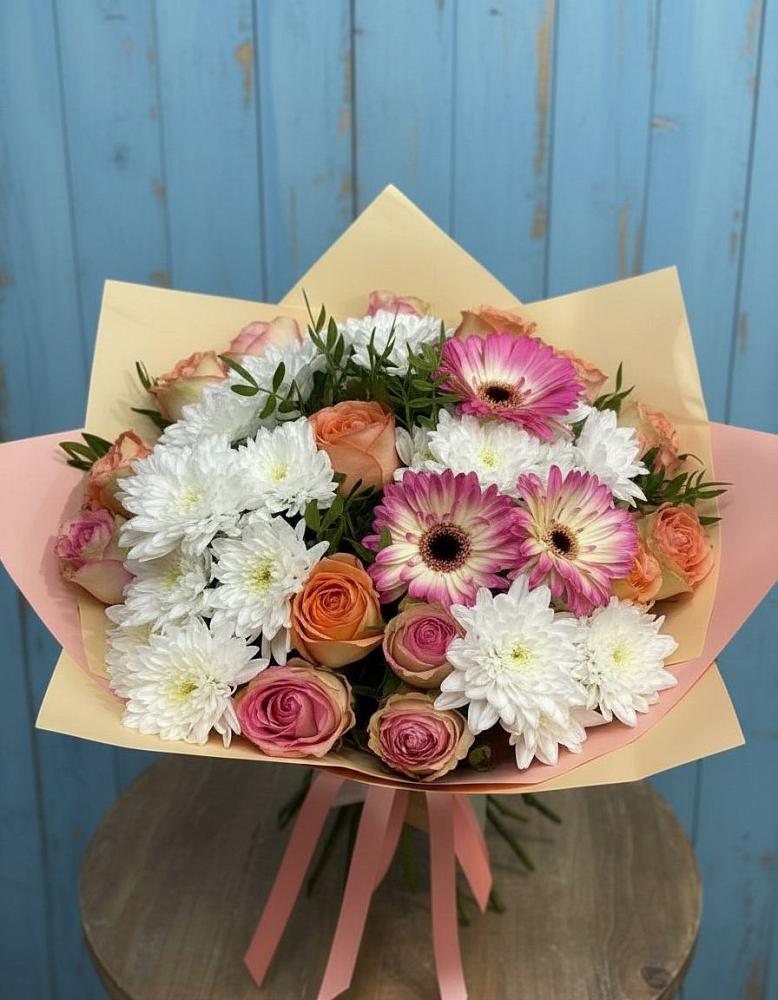 Букет цветов из: Розы, Герберы и Хризантемы в Мокроусово