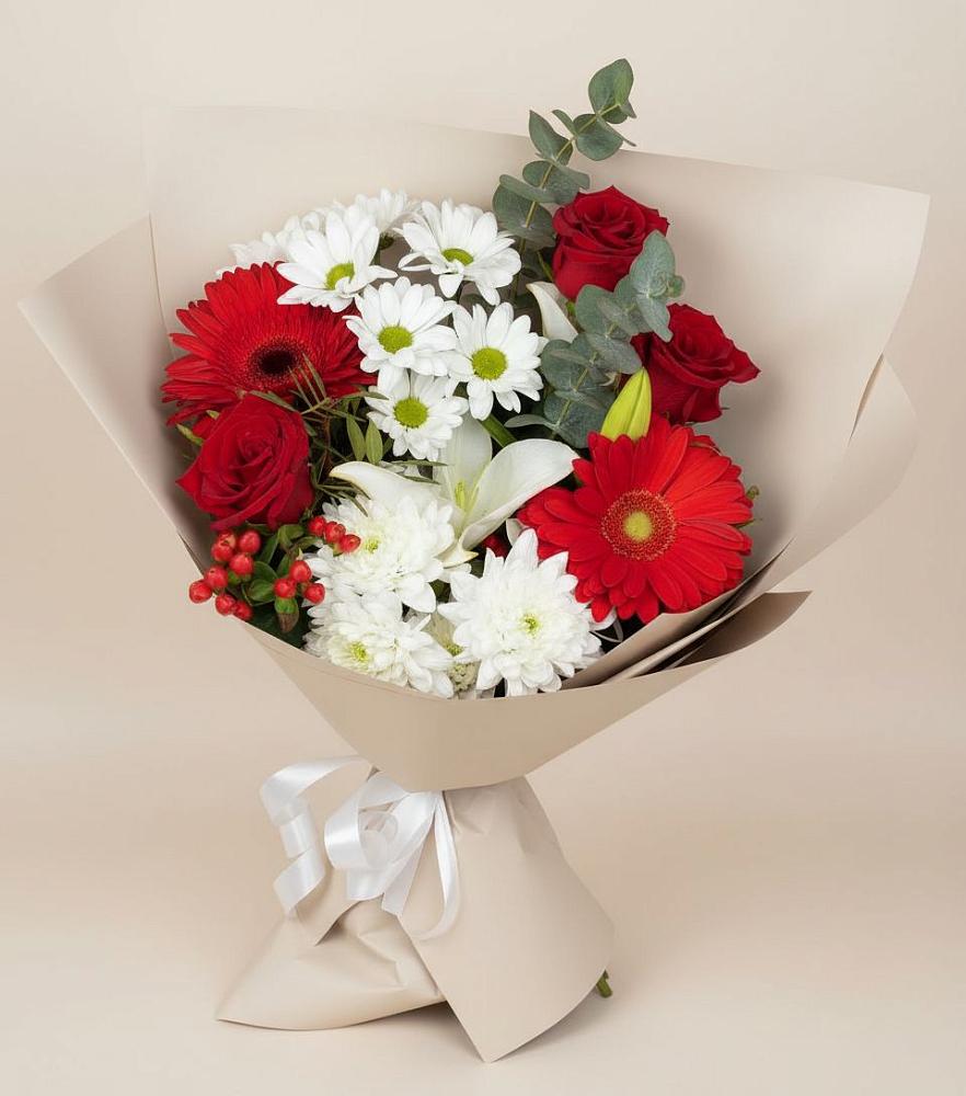 Букет цветов из: Розы, Хризантемы, Герберы и Лилии в Мокроусово