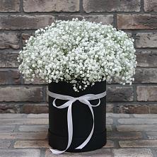 Цветочная композиция из Гипсофила в шляпной коробке в Мокроусово
