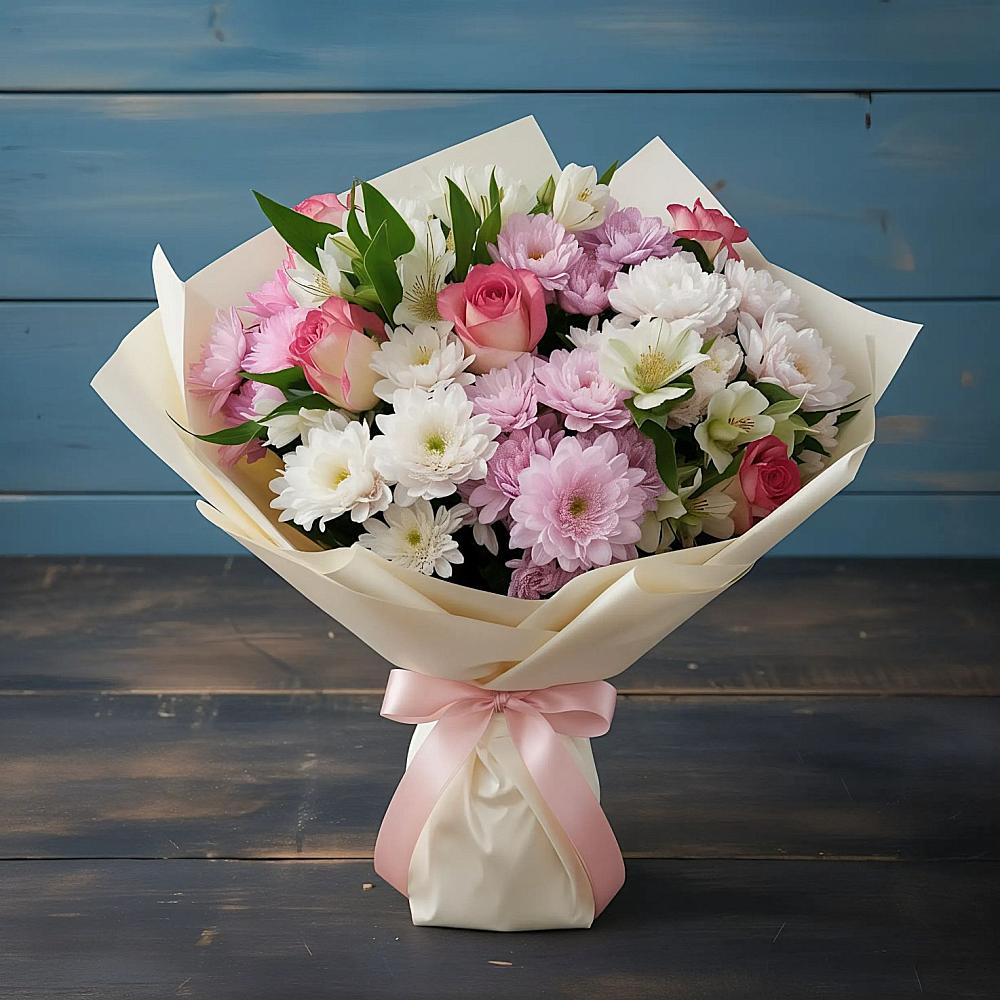 Букет цветов из: Хризантемы, Альстромерии и Розы в Мокроусово